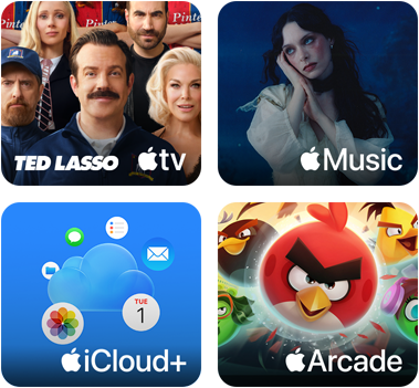 Apple One tiles — Apple TV, Apple Music, iCloud+ and Apple Arcade