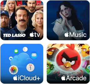 Apple One tiles — Apple TV, Apple Music, iCloud+ and Apple Arcade
