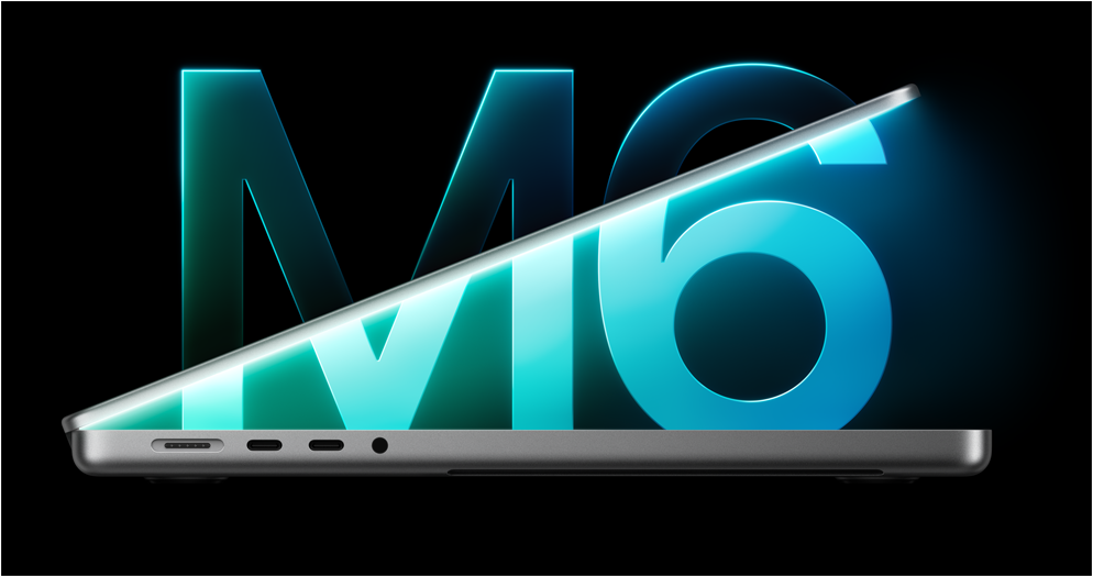 MacBook Pro side profile, silver colour, partially open lid revealing glowing blue light, large glowing M6 graphic in background