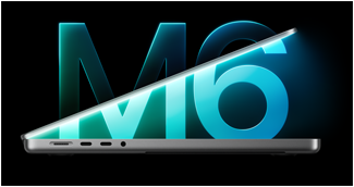 MacBook Pro side profile, silver colour, partially open lid revealing glowing blue light, large glowing M6 graphic in background