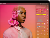 MacBook Pro screen of a photo of a person being edited in Pixelmator Pro