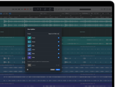 MacBook Pro, Logic Pro, waveform tracks, Stem Splitter panel, categories: vocals, drums, bass, other, each with separate audio waveform