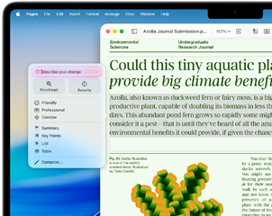 Apple Intelligence Writing Tools helps revise an environmental science article in Pages with the option to proofread or rewrite in a different tone
