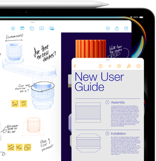 iPad screen with Freeform window shows sketches of mechanical product parts, while a smaller Notes window displays instructions, and an Apple pencil rests on top of iPad