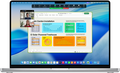 MacBook Pro 16-inch M4 screen shows a business Zoom call with one person screen sharing an Excel window that displays data and charts