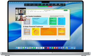MacBook Pro 16-inch M4 screen shows a business Zoom call with one person screen sharing an Excel window that displays data and charts