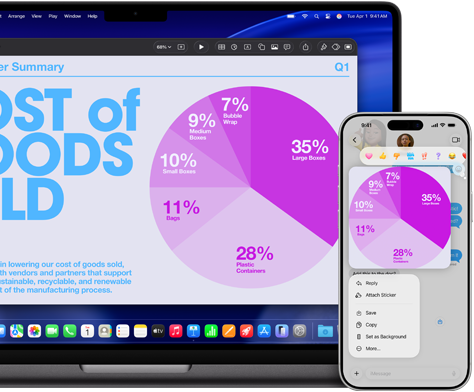 MacBook Pro 14-inch M5 and iPhone 17 Pro Max display the continuity of a Keynote pie chart presentation that is shared across devices