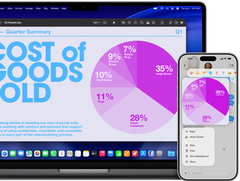 MacBook Pro 14-inch M5 and iPhone 17 Pro Max display the continuity of a Keynote pie chart presentation that is shared across devices