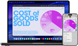 MacBook Pro 14-inch M5 and iPhone 17 Pro Max display the continuity of a Keynote pie chart presentation that is shared across devices