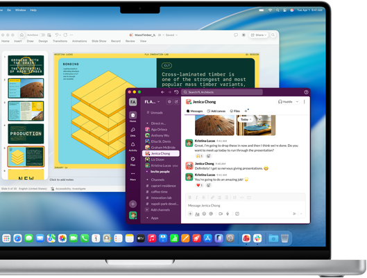 PowerPoint presentation in one window and Slack in another window on MacBook Pro 16-inch M4 screen