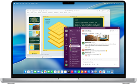 PowerPoint presentation in one window and Slack in another window on MacBook Pro 16-inch M4 screen