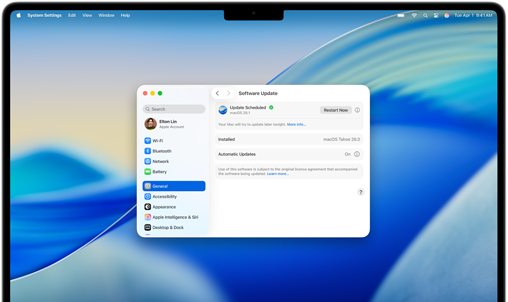 MacBook Pro 16-inch M4 screen shows a scheduled Software Update within System Settings
