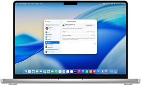MacBook Pro 16-inch M4 screen shows a scheduled Software Update within System Settings