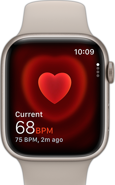 A front view of Apple Watch showing someone’s heart rate.