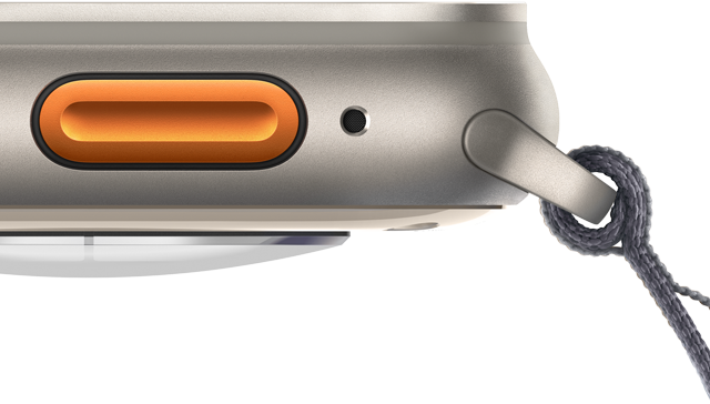 Apple Watch Ultra 2 showing orange Action button-a and rugged titanium case