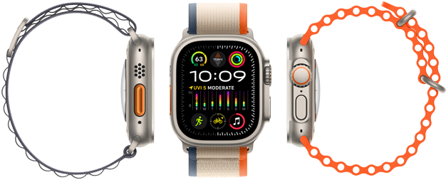 Apple Watch Ultra 2 showing compatibility with three different strap types, large display, rugged titanium case, orange action button-a and digital crown