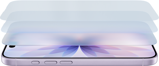 An iPhone lying flat with multiple layers of Ceramic Shield, slightly spaced out, above the phone, signifying strength in the Ceramic Shield for iPhone 17
