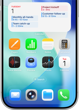 Image of iPhone App on screen, with Calendar expanded at the top showing the day’s events