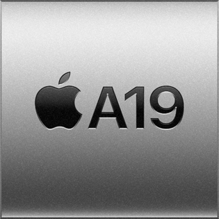 Silver square with Apple logo that says A19 representing the A19 chip