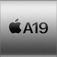 Silver square with Apple logo that says A19 representing the A19 chip