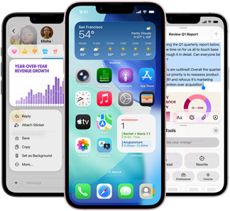 Few side-by-side iPhone 17e devices showing a photo of a graph in the Messages app, home screen with the Weather widget and apps displayed, and Notes app with Apple Intelligence Writing Tools in use