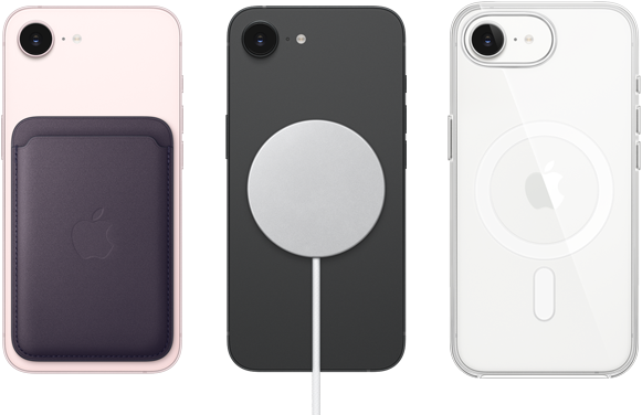 iPhone 17e, back exterior, soft pink colour, FineWoven Wallet with MagSafe attached, iPhone 17e, back exterior, black colour, MagSafe Charger attached, iPhone 17e, back exterior, white colour, Clear Case with MagSafe attached