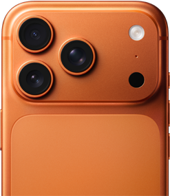 An image showing the back top half of the iPhone 17 Pro in Cosmic Orange, focusing on the three cameras and flash