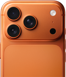 An image showing the back top half of the iPhone 17 Pro in Cosmic Orange, focusing on the three cameras and flash