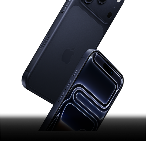 Two iPhone 17 Pro devices in Deep Blue, one front-facing and one rear-facing, falling to depict all-round durability