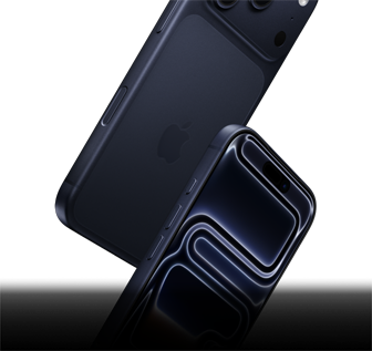 Two iPhone 17 Pro devices in Deep Blue, one front-facing and one rear-facing, falling to depict all-round durability