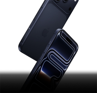 Two iPhone 17 Pro devices in Deep Blue, one front-facing and one rear-facing, falling to depict all-round durability