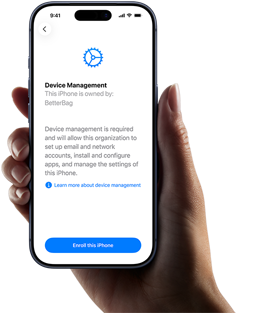 Right hand holding iPhone with screen displaying copy explaining what Device Management is with option to enrol