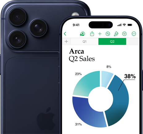 One larger iPhone 17 Pro Model showcasing the back of the phone and camera, with a smaller iPhone 17 Pro in front of the other displaying a screen with a graph and Numbers functionality