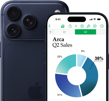 One larger iPhone 17 Pro Model showcasing the back of the phone and camera, with a smaller iPhone 17 Pro in front of the other displaying a screen with a graph and Numbers functionality