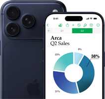 One larger iPhone 17 Pro Model showcasing the back of the phone and camera, with a smaller iPhone 17 Pro in front of the other displaying a screen with a graph and Numbers functionality