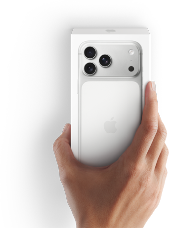 Image of right hand holding latest iPhone 17 box with phone inside