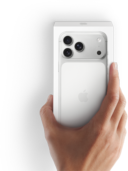 Image of right hand holding latest iPhone 17 box with phone inside