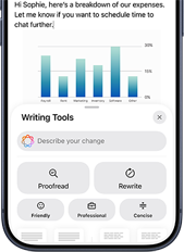 Screen displaying a Business email with graph and Apple Intelligence prompts underneath offering writing tool assistance