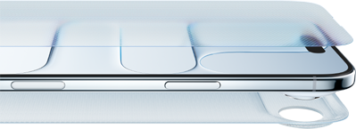 An iPhone lying flat with a layer of Ceramic Shield, slightly above and below the iPhone, encompassing the whole iPhone, signifying strength in the Ceramic Shield