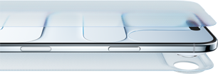An iPhone lying flat with a layer of Ceramic Shield, slightly above and below the iPhone, encompassing the whole iPhone, signifying strength in the Ceramic Shield