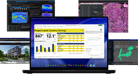 Multiple MacBook Pro laptops displaying the apps Matlab, Vectorworks, QuPath, LM Studio Maya and Microsoft Excel