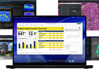 Multiple MacBook Pro laptops displaying the apps Matlab, Vectorworks, QuPath, LM Studio Maya and Microsoft Excel