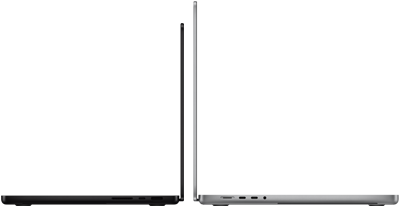 14-inch MacBook Pro in Space Black next to 16-inch MacBook Pro in Silver, open, side exteriors, facing opposite directions, to demonstrate display size