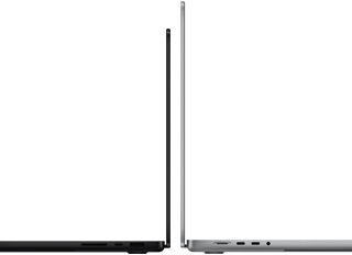 14-inch MacBook Pro in Space Black next to 16-inch MacBook Pro in Silver, open, side exteriors, facing opposite directions, to demonstrate display size