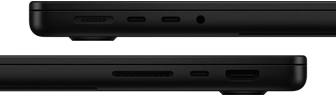Showing the ports on MacBook Pro — left side: MagSafe, two Thunderbolt ports and headphone jack — right side: SDXC, one Thunderbolt port and HDMI