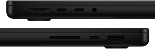 Showing the ports on MacBook Pro — left side: MagSafe, two Thunderbolt ports and headphone jack — right side: SDXC, one Thunderbolt port and HDMI