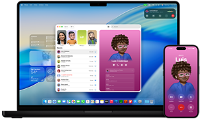 MacBook Pro and iPhone 16 Plus, Phone app open, same contact displayed on both screens to demonstrate continuity