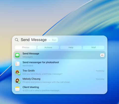 Example of using Spotlight to send Messages, with a list of search results showing options to choose from