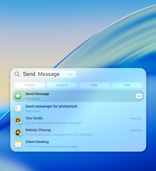 Example of using Spotlight to send Messages, with a list of search results showing options to choose from