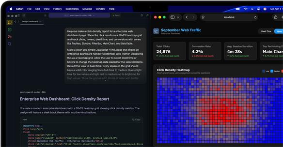 MacBook Pro screen of two Safari windows side by side displaying an AI-driven search, with a typed request for web traffic analysis and the request results